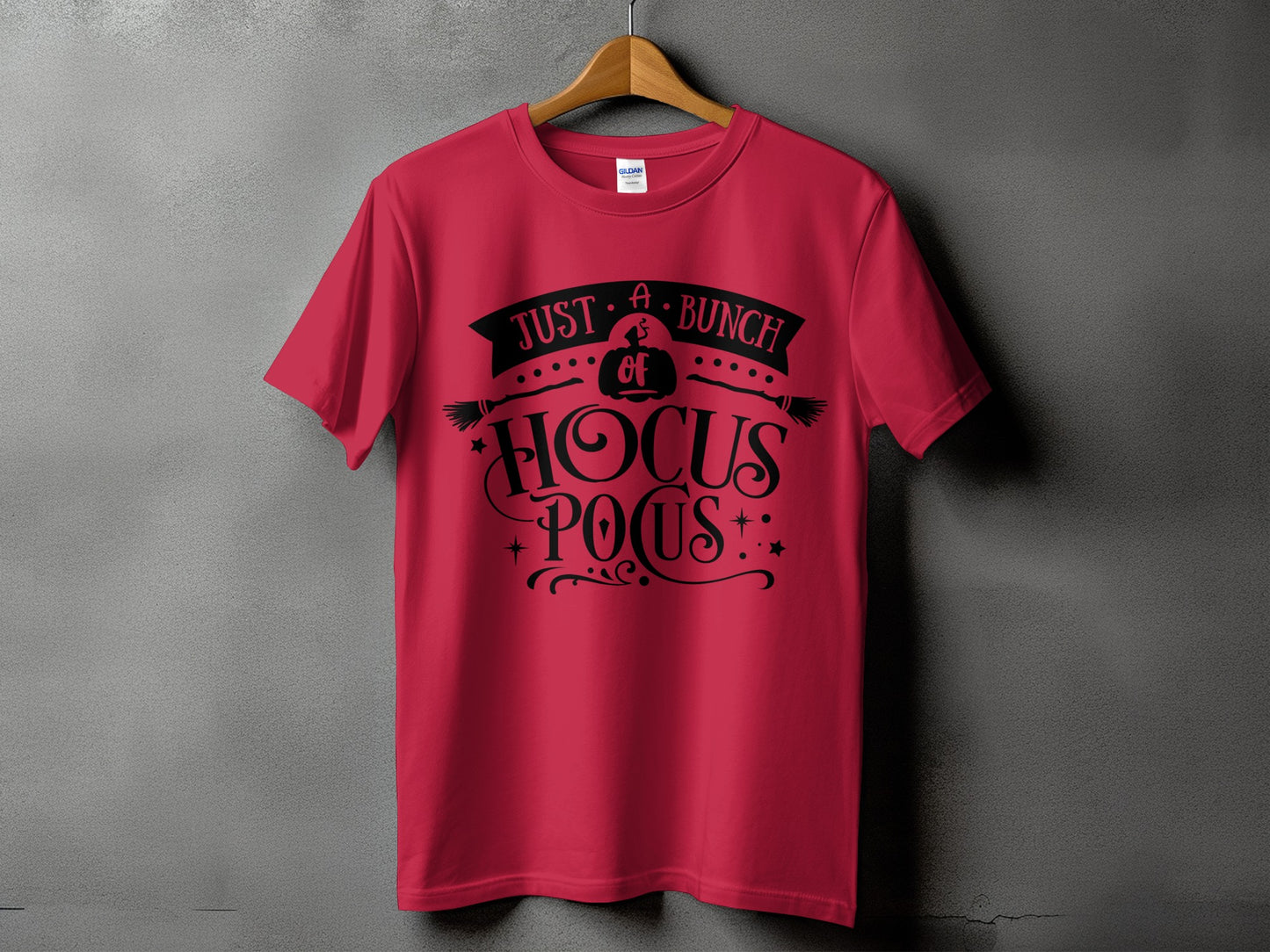 Red t-shirt with "Just a bunch of Hocus Pocus" text and Halloween graphics.