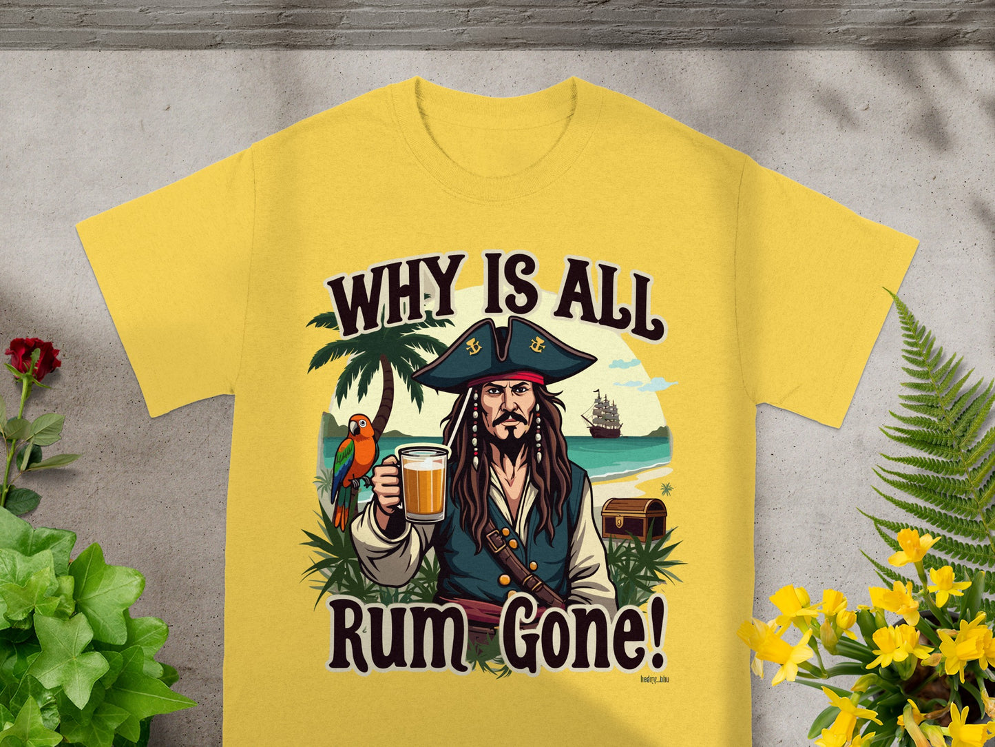 Pirate holding beer with text "WHY IS ALL RUM GONE!", parrot, ship, and treasure chest.