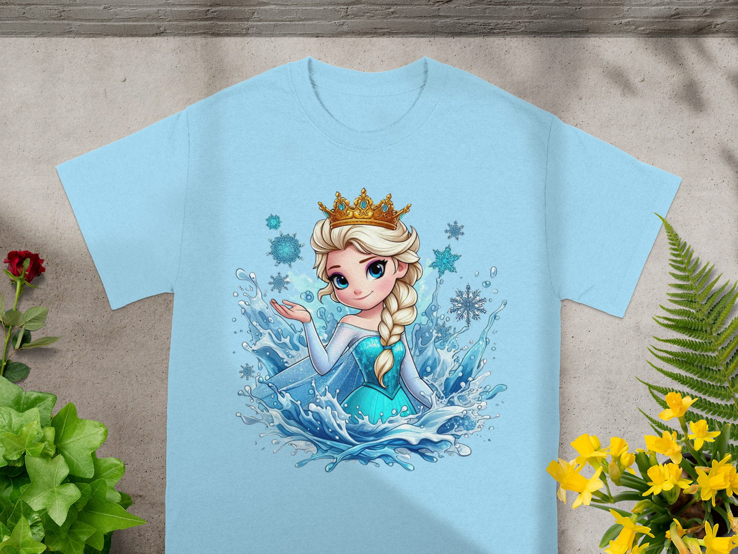 Light blue t-shirt with Elsa from Frozen illustration in water splashes.
