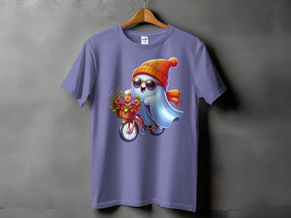 Ghost with sunglasses riding a bicycle with flowers.