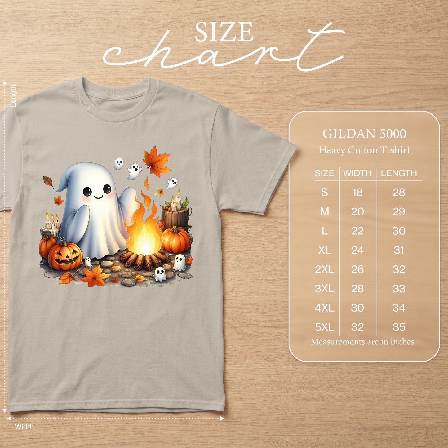 Light tan Gildan 5000 t-shirt with a cute ghost and campfire design.