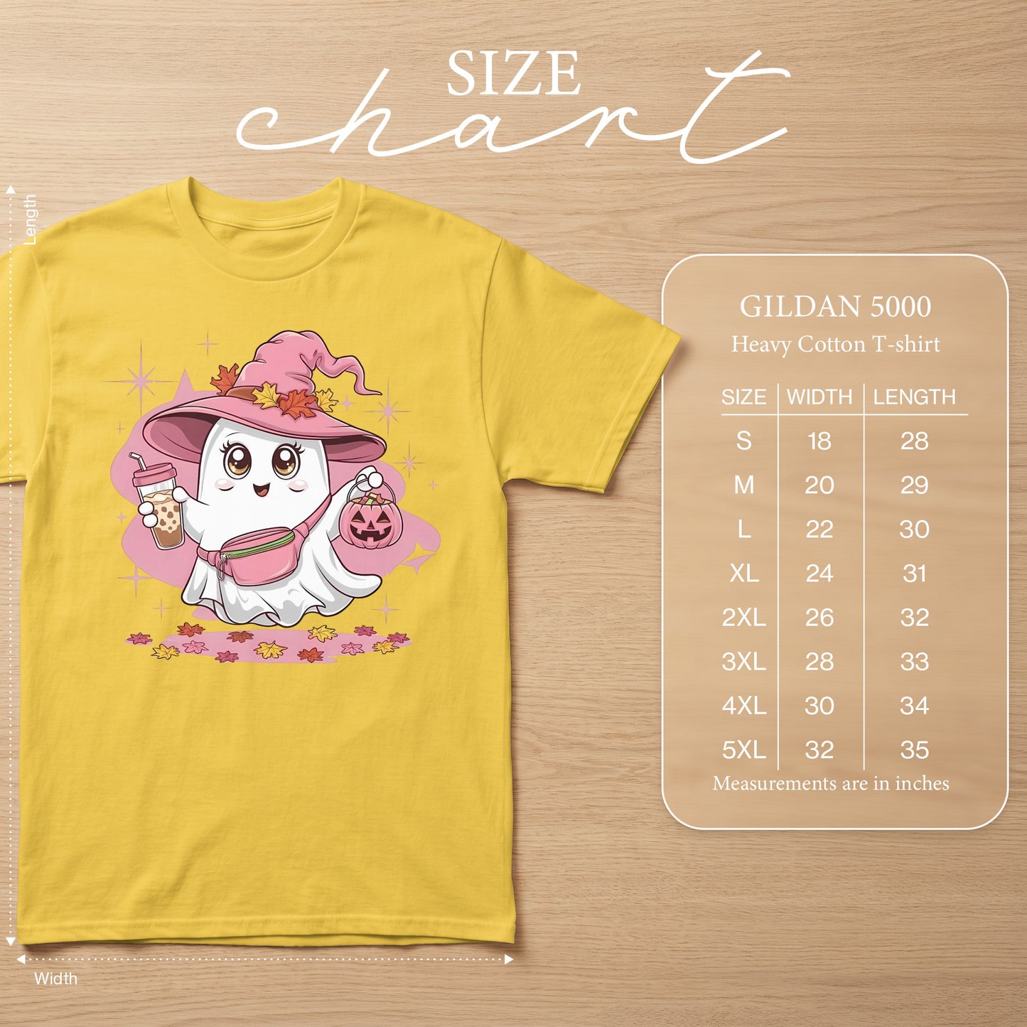 Yellow t-shirt with cute ghost graphic and Gildan 5000 size chart.