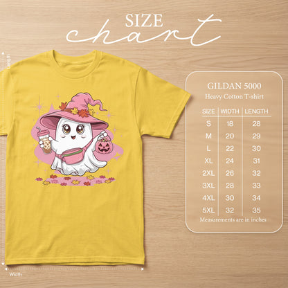 Yellow t-shirt with cute ghost graphic and Gildan 5000 size chart.