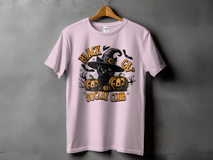 Pink t-shirt with a black cat, pumpkins, bats, and "Black Cat Social Club" text.