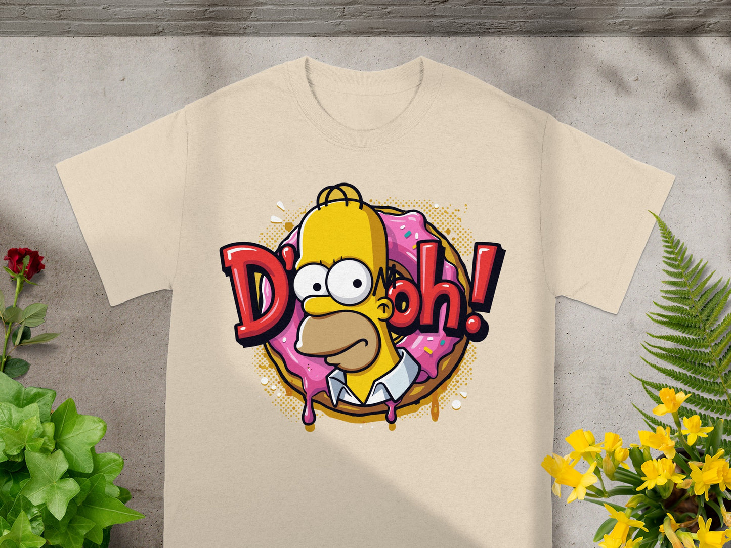 Homer Simpson eating a pink donut with "D'oh!" text.