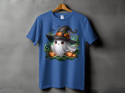 Blue t-shirt with a cute Halloween ghost wearing a witch hat and surrounded by pumpkins.