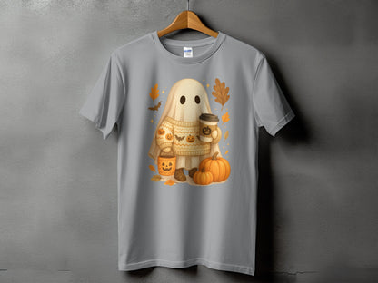 Ghost wearing a sweater holding coffee cup with pumpkins and autumn leaves.