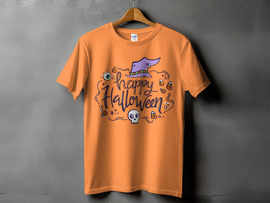 Orange t-shirt with "happy Halloween" text, a witch hat, skull, and candy corn.