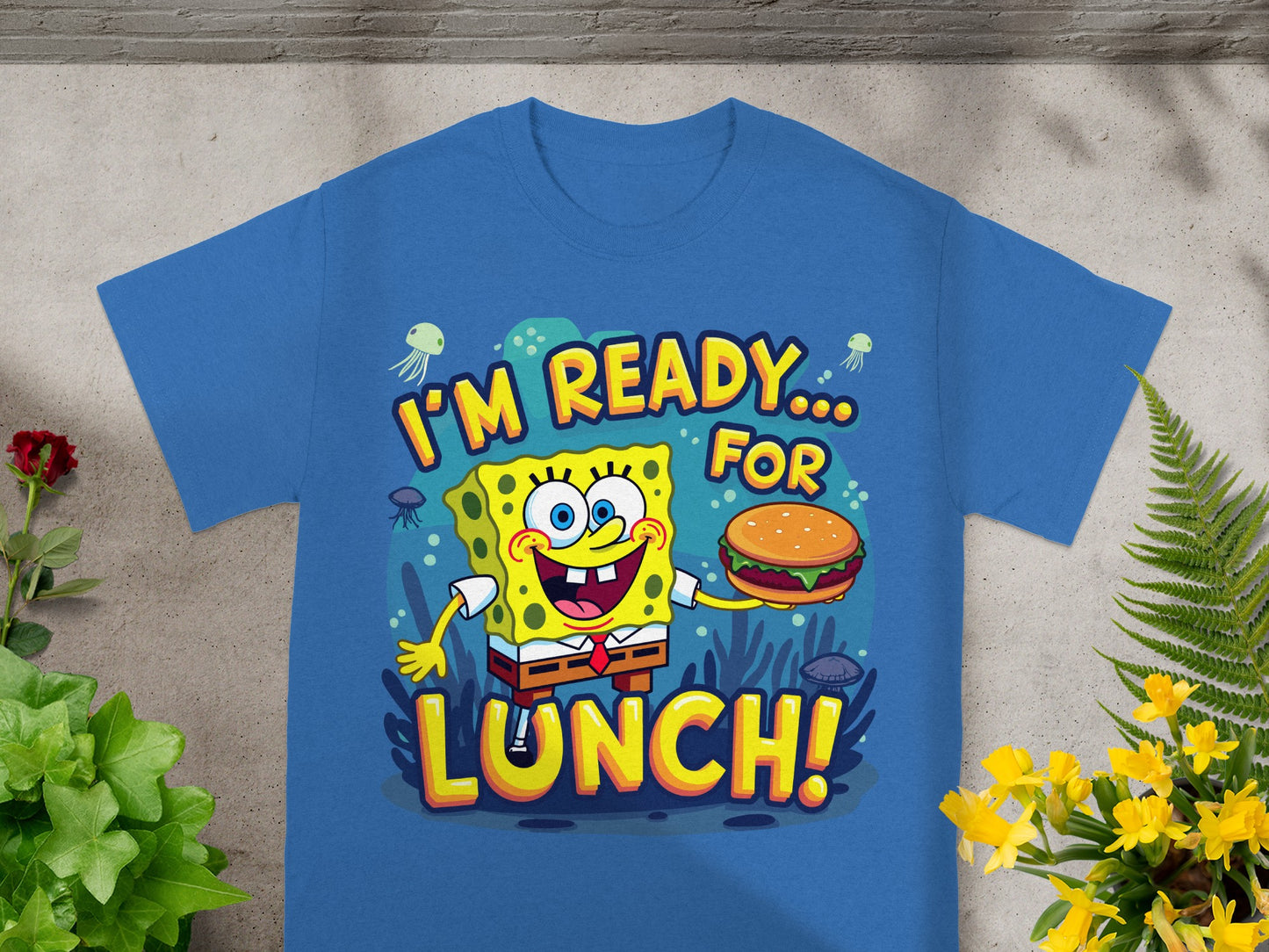 SpongeBob SquarePants T-shirt with "I'm Ready... For Lunch!" text and a burger.