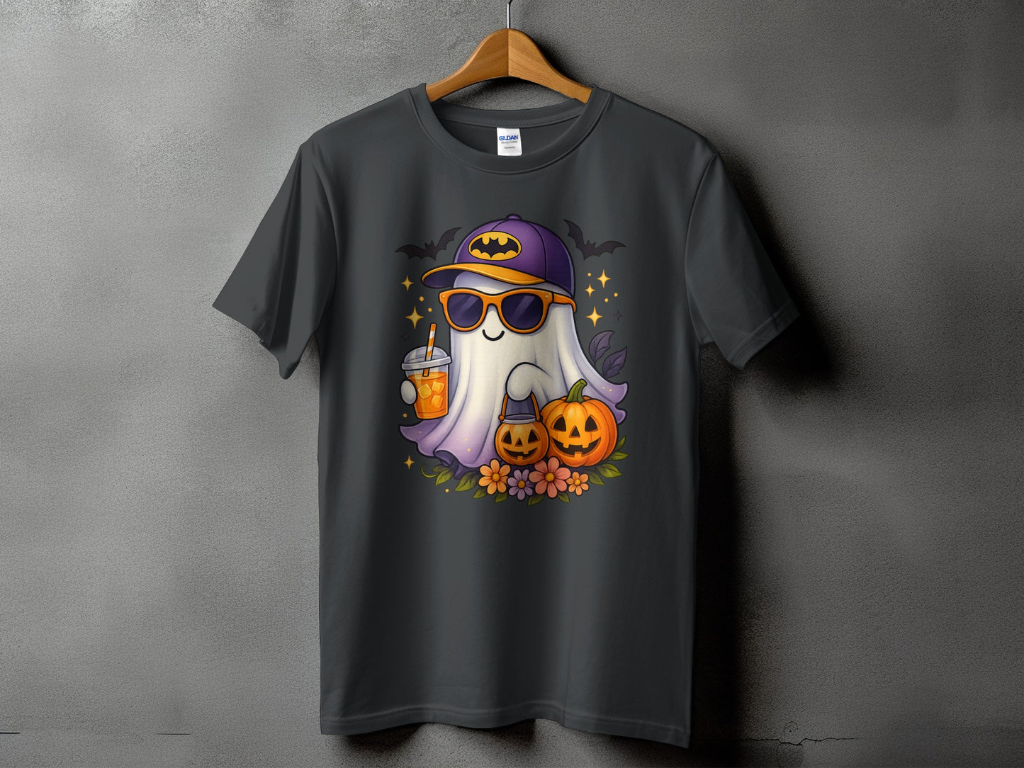 Ghost with sunglasses, hat, drink, and pumpkins on a charcoal t-shirt.