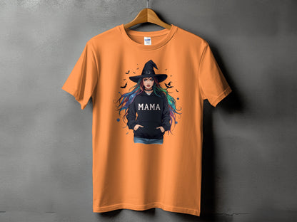 Orange t-shirt with witch graphic and "MAMA" text on black hoodie.