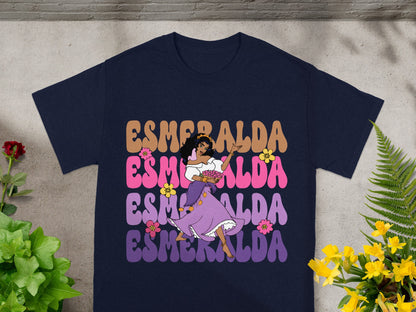 T-shirt with Esmeralda illustration and text in colorful retro font.