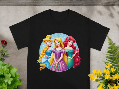 Black t-shirt with Disney princesses Cinderella, Ariel, and Aurora.