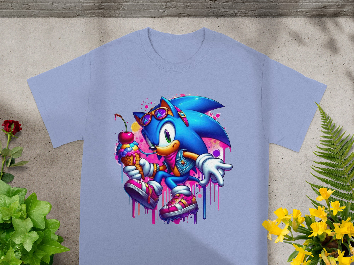 Sonic the Hedgehog wearing sunglasses with an ice cream cone.