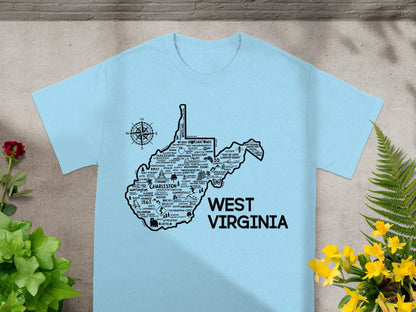 West Virginia Map Design T-shirt with Compass Print