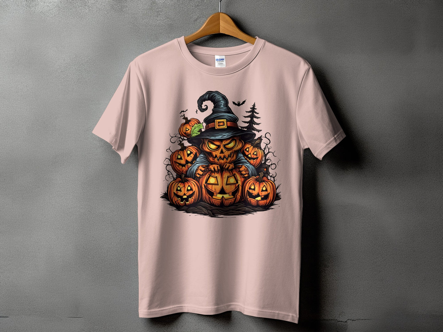 Halloween t-shirt with a creepy jack-o'-lantern character wearing a witch hat and surrounded by pumpkins.