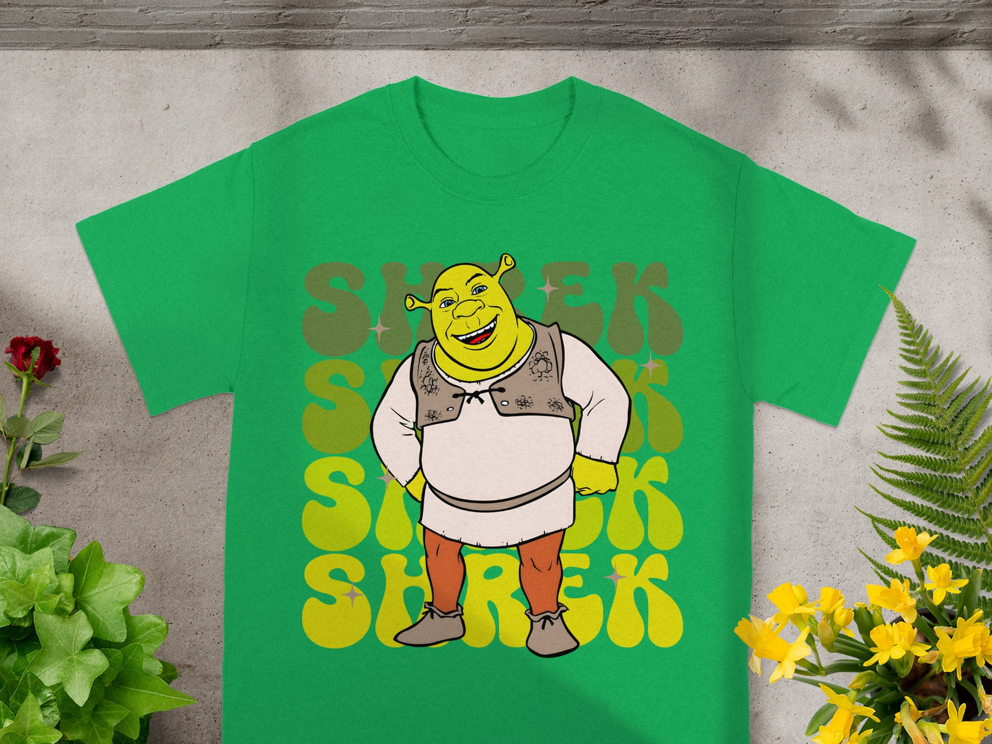 Green t-shirt with Shrek graphic and "Shrek" text.