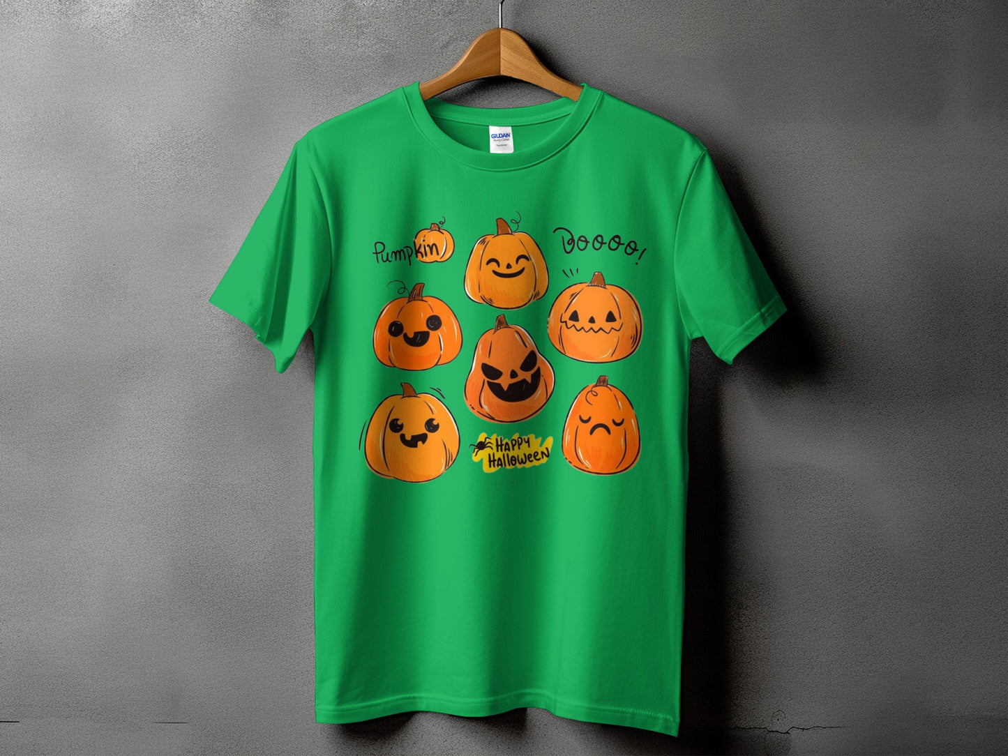 Green t-shirt with cartoon pumpkins, "Pumpkin," "Boo," and "Happy Halloween" text.