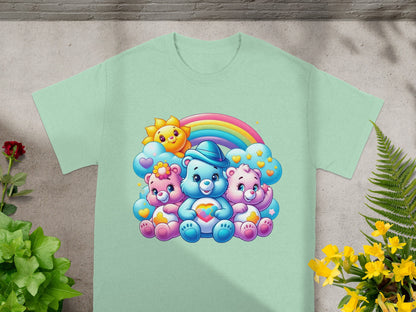 Three Care Bears with a rainbow and sun on a light blue t-shirt.