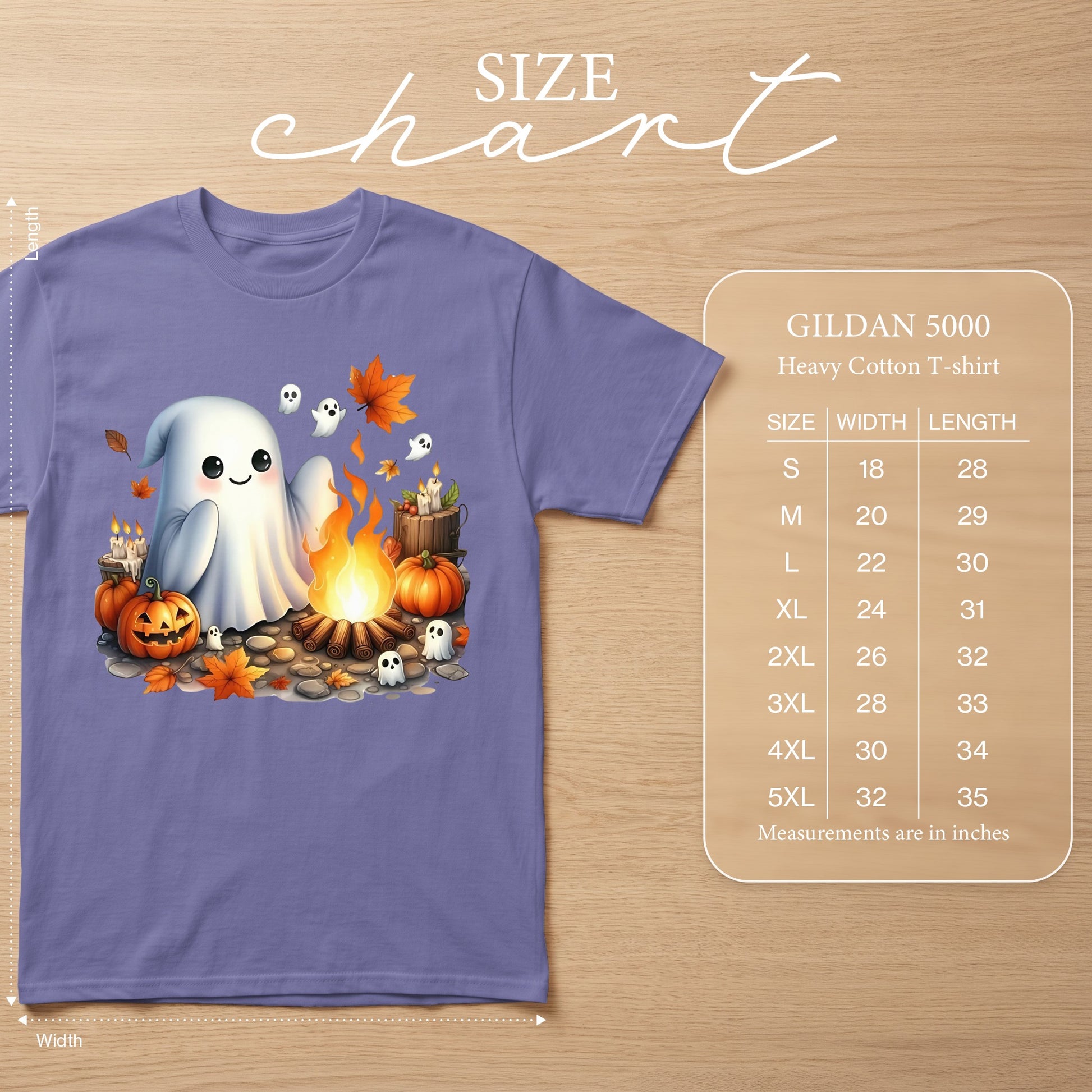 Purple t-shirt with cute ghost, pumpkins, campfire, and fall leaves graphic. Includes size chart.