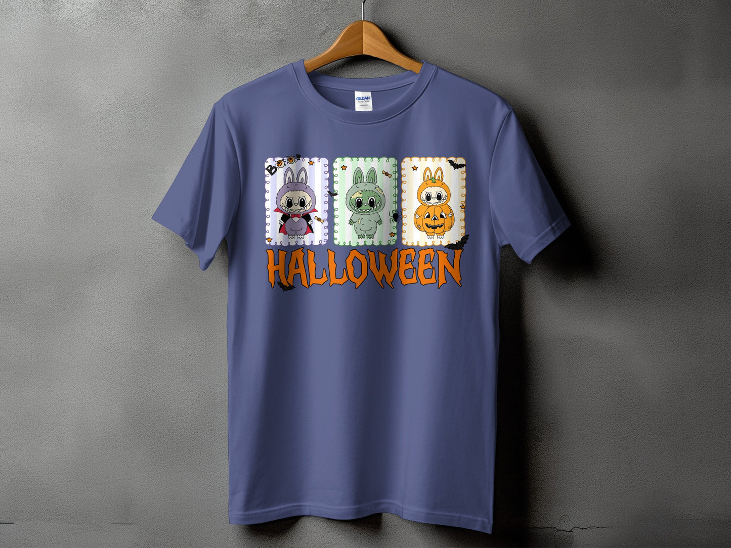 Purple t-shirt with three Halloween-themed cartoon bunnies and the word "HALLOWEEN".