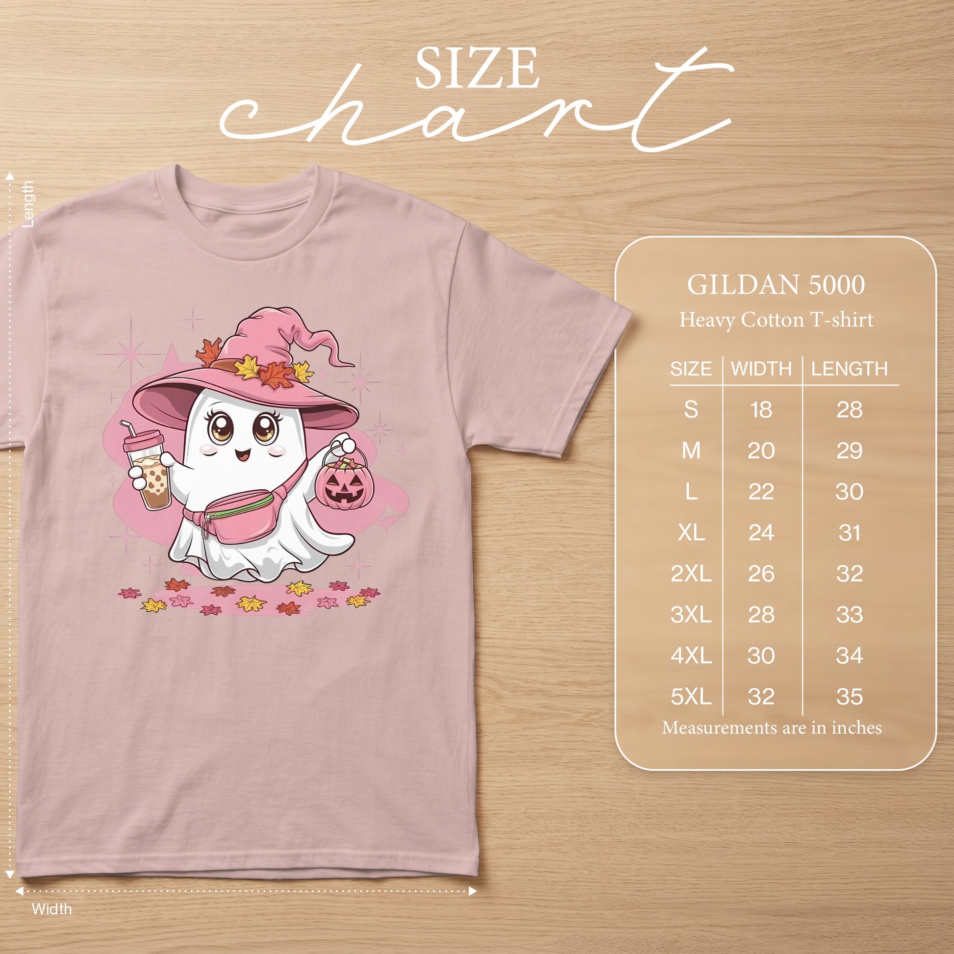 Gildan 5000 Heavy Cotton T-shirt size chart with cartoon ghost graphic.