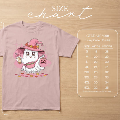 Gildan 5000 Heavy Cotton T-shirt size chart with cartoon ghost graphic.