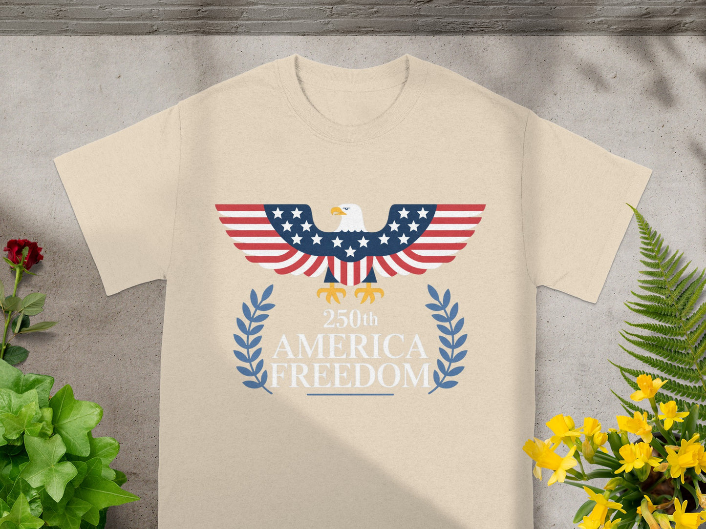 Cream t-shirt with eagle flag and "250th AMERICA FREEDOM" text.