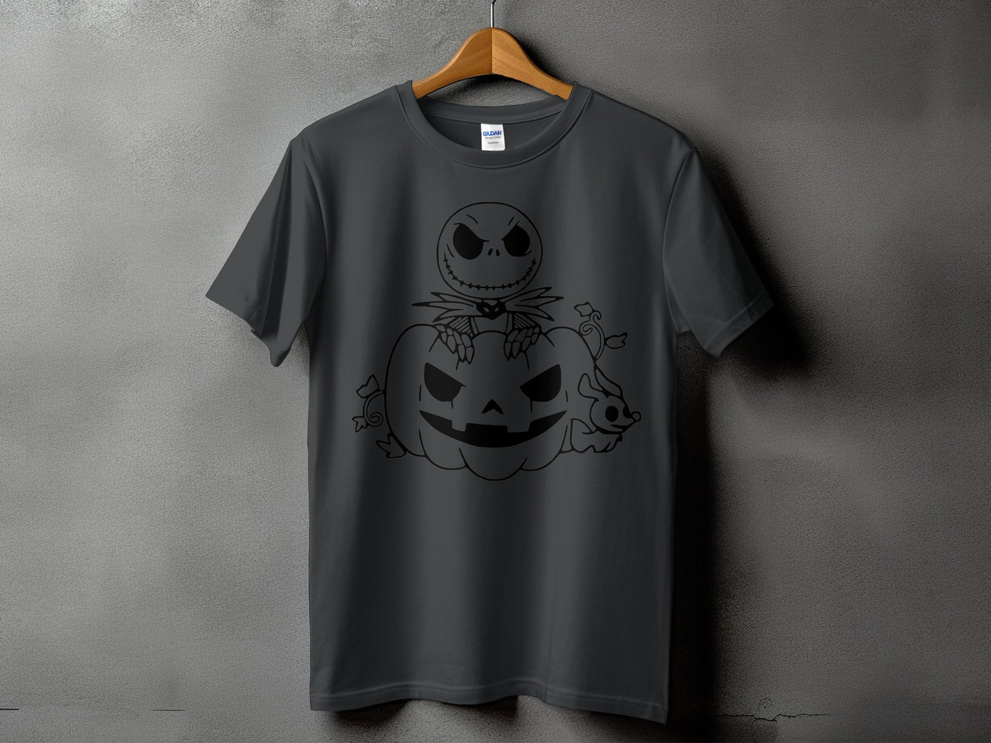 Dark grey t-shirt with Jack Skellington and a jack-o'-lantern graphic.
