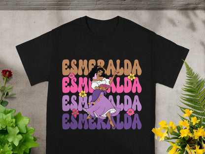 Black t-shirt with Esmeralda graphic in colorful retro lettering.