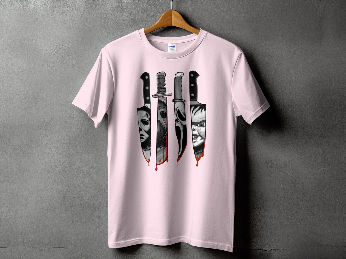 Light pink t-shirt with four horror movie character-themed knives dripping blood.