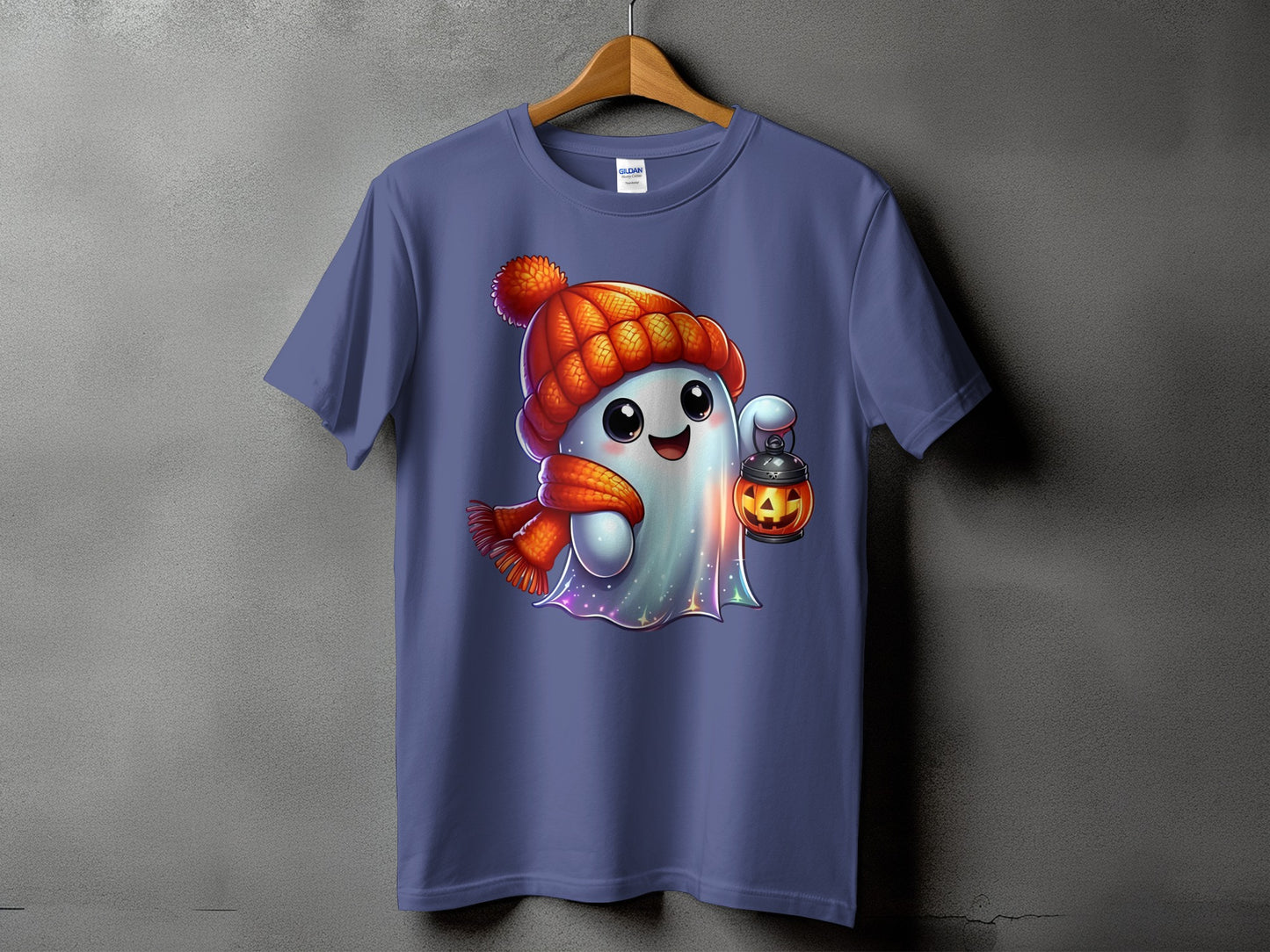 Cute ghost wearing a beanie and scarf, holding a jack-o'-lantern.