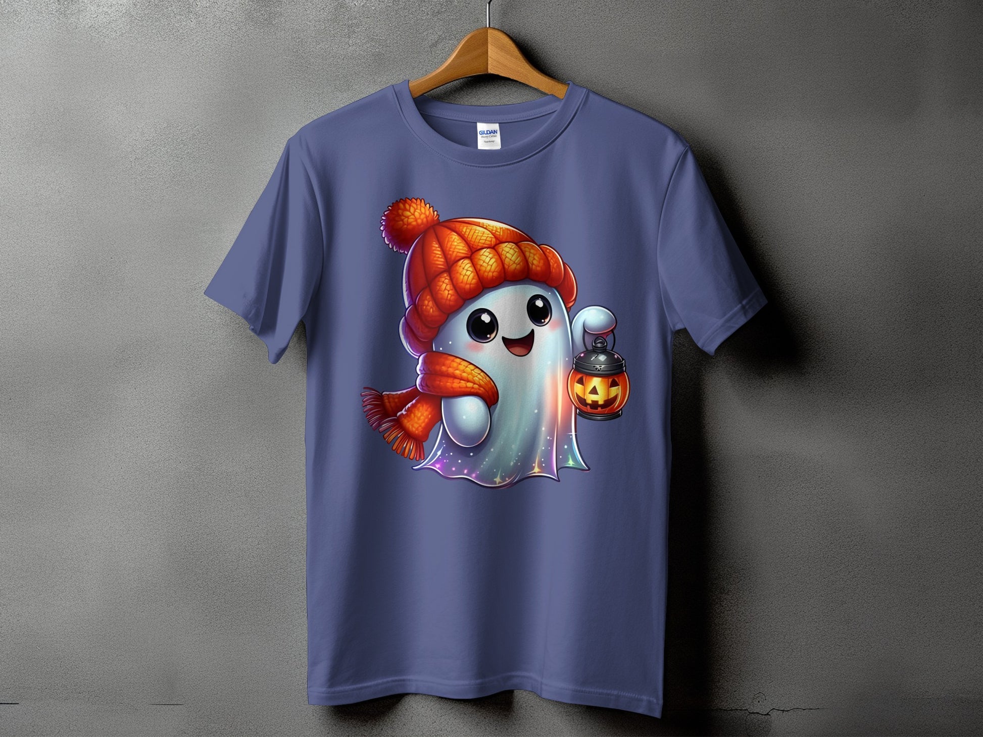 Cute ghost wearing a beanie and scarf, holding a jack-o'-lantern.