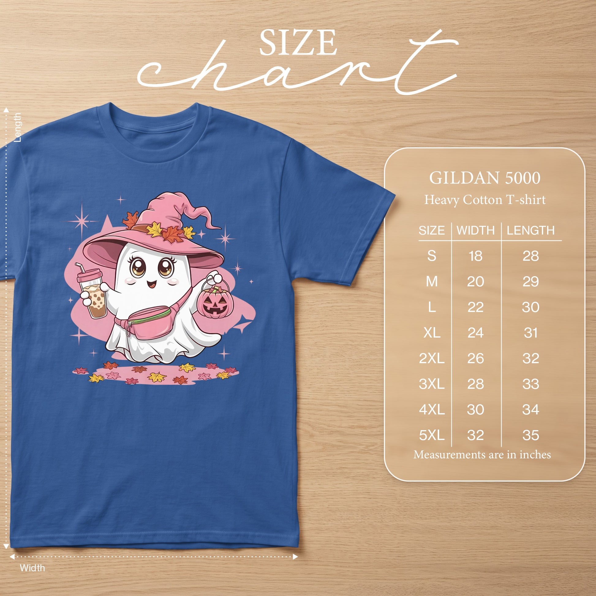 Blue t-shirt with witch ghost graphic, size chart with measurements in inches.