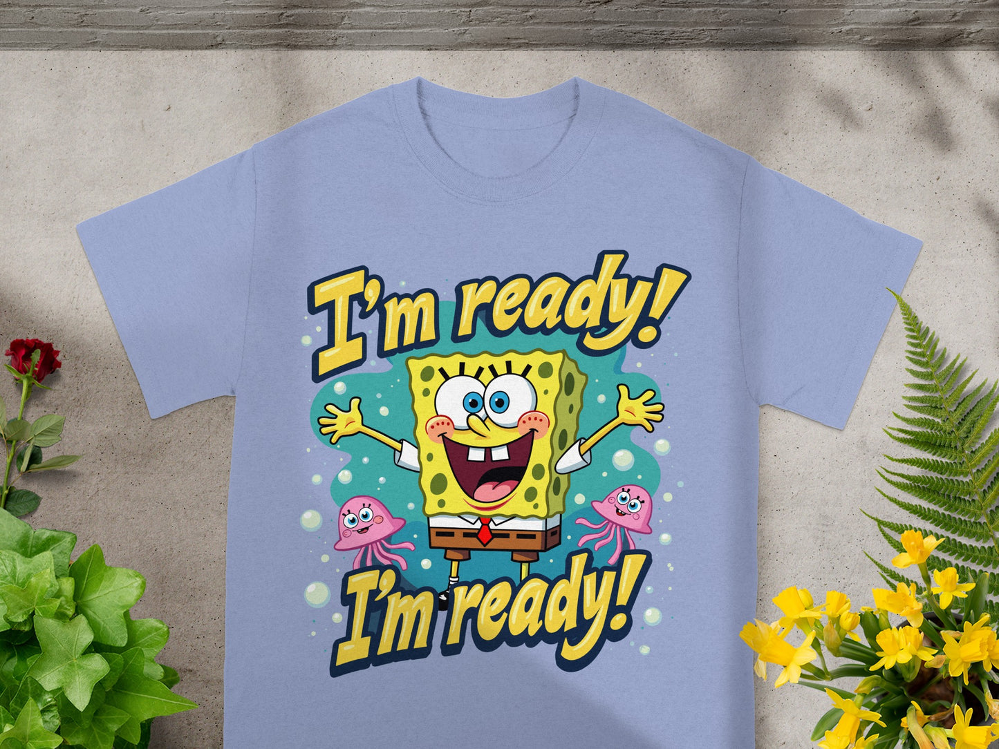 SpongeBob SquarePants shirt with "I'm ready!" text and two jellyfish.