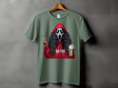 Ghostface mask wearing a red hoodie with "Mama" text and holding a Starbucks drink.