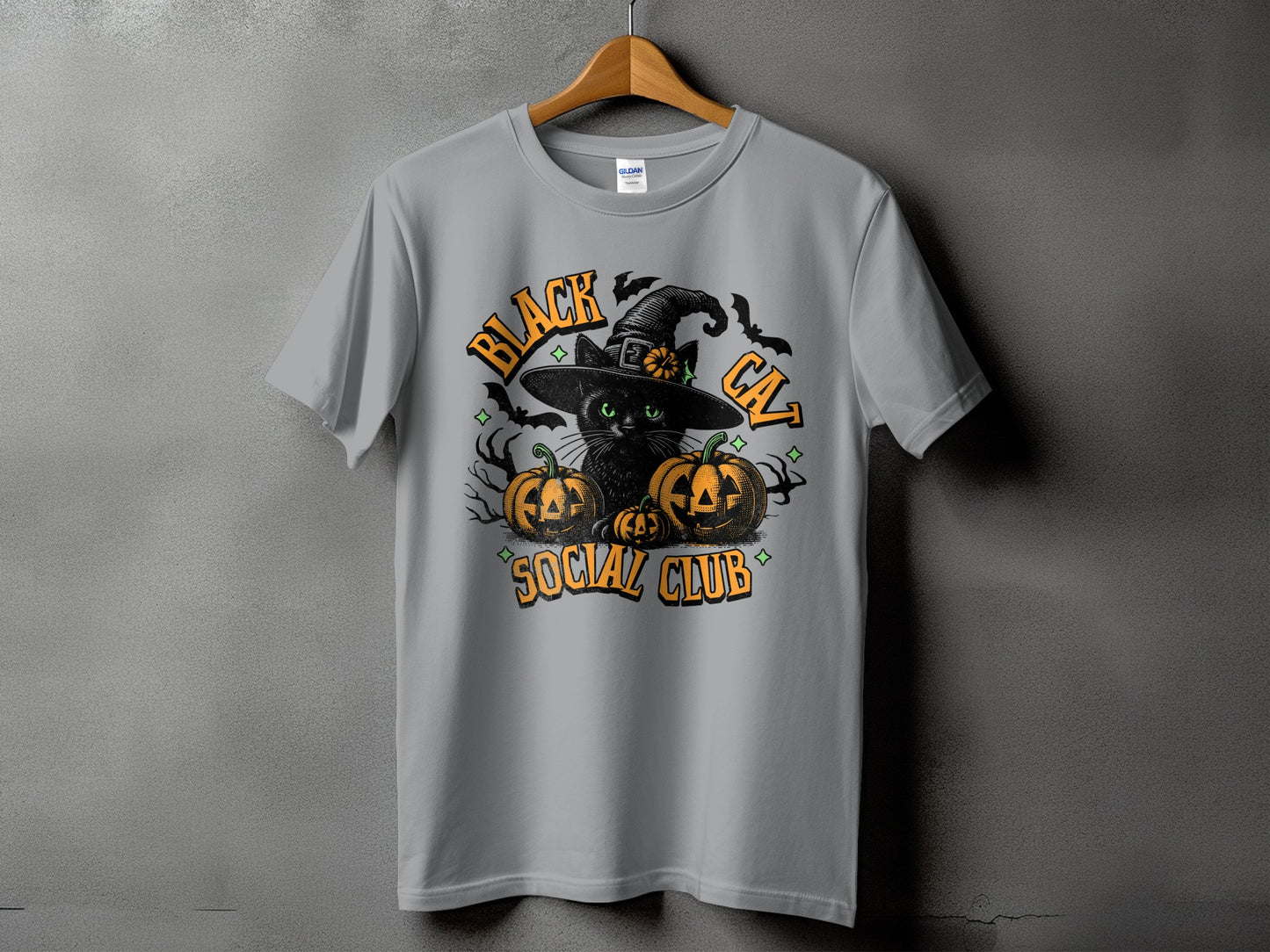 Grey t-shirt with black cat, pumpkins, bats, and text "BLACK CAT SOCIAL CLUB".