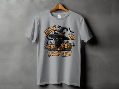 Grey t-shirt with black cat, pumpkins, bats, and text "BLACK CAT SOCIAL CLUB".