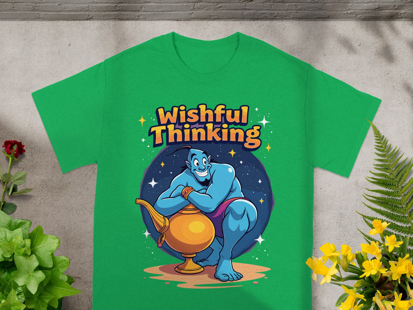 Green t-shirt with cartoon genie and "Wishful Thinking" text.