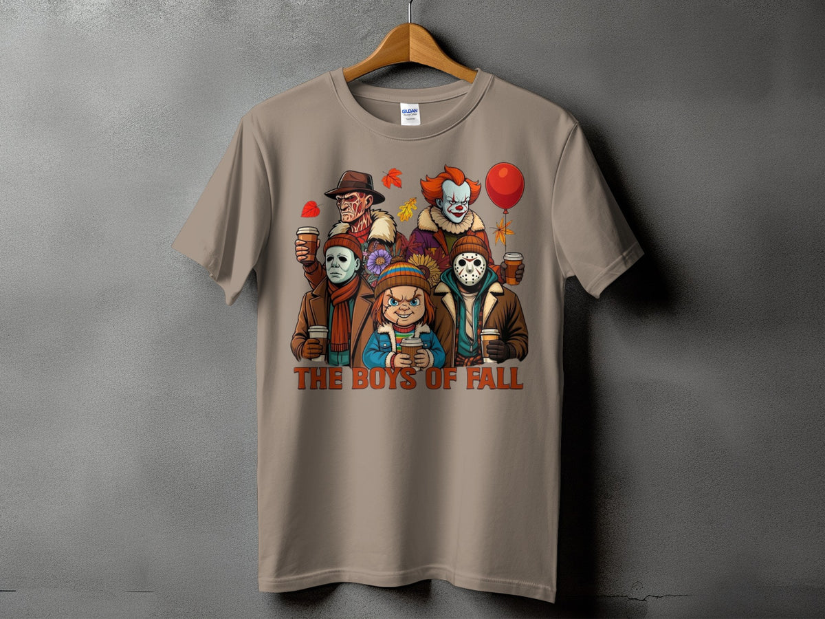 Horror characters holding coffee cups with text "THE BOYS OF FALL" on a t-shirt.