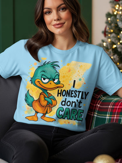 Light blue t-shirt with cartoon duck and text "I honestly don't care".