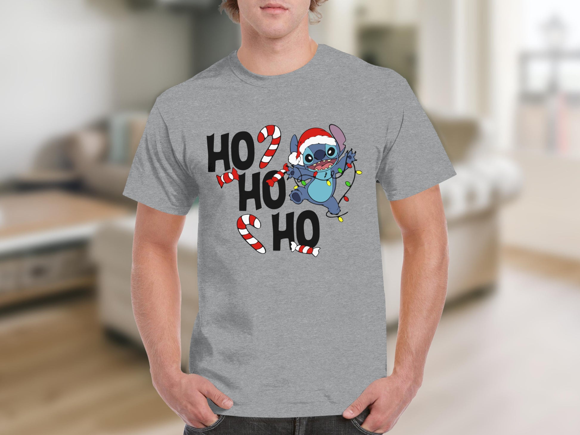 Ho Ho Ho Candy Canes and Stitch Grey T-Shirt
