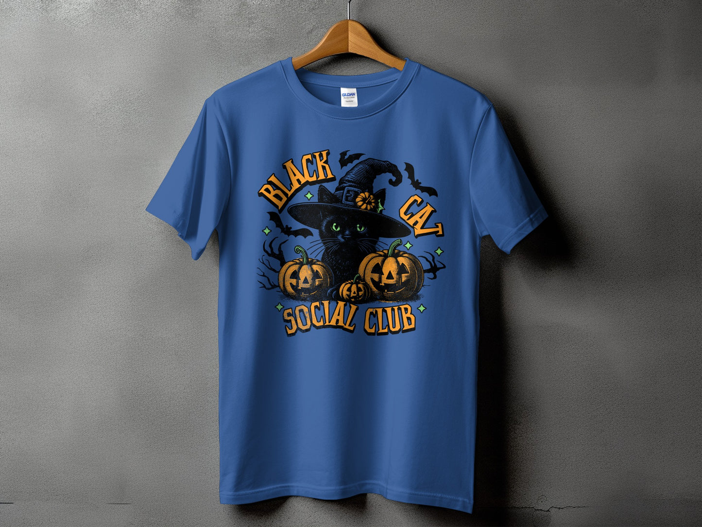 Blue t-shirt with "Black Cat Social Club" Halloween graphic featuring a cat.
