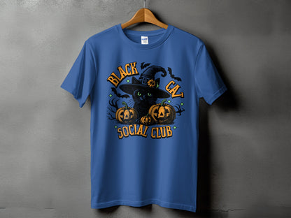 Blue t-shirt with "Black Cat Social Club" Halloween graphic featuring a cat.