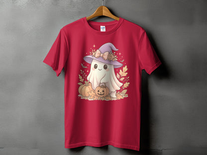 Red t-shirt with a cartoon ghost wearing a witch hat and holding pumpkins.