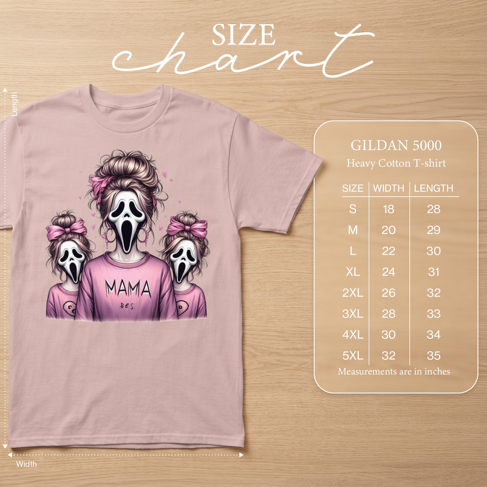 Pink t-shirt with "MAMA" and ghost characters, with a Gildan 5000 size chart.