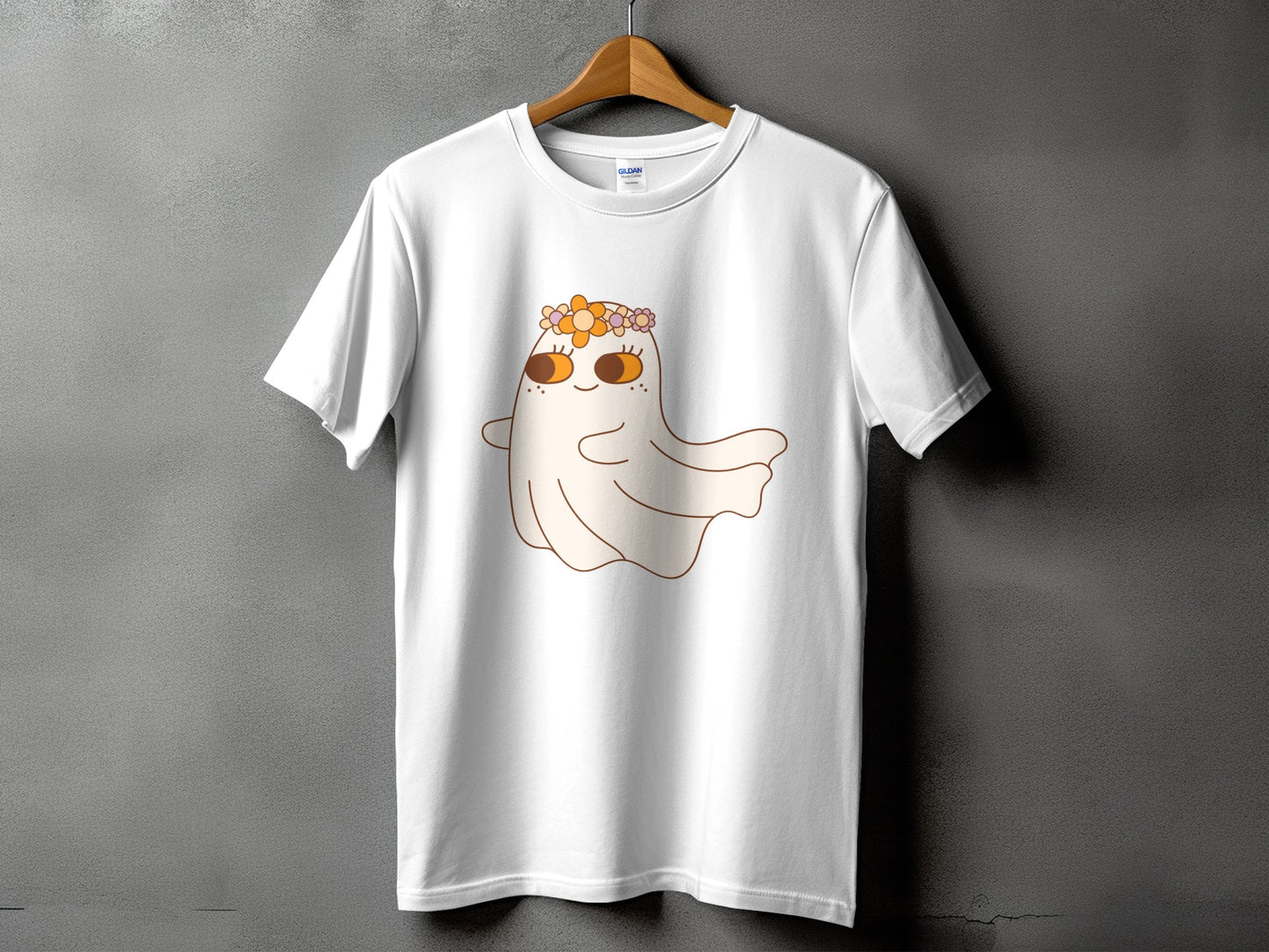 White t-shirt with a retro ghost wearing a floral crown and large eyes.