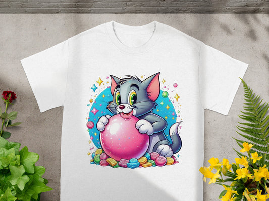 Cartoon cat Tom blowing a pink bubblegum bubble surrounded by colorful candies.
