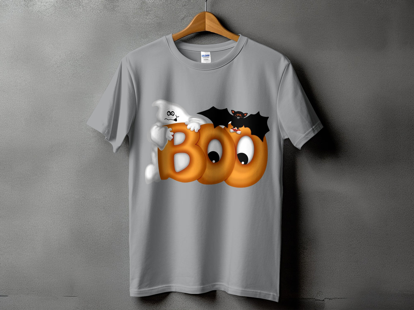 Ghost and bat with "BOO" text on a grey t-shirt.