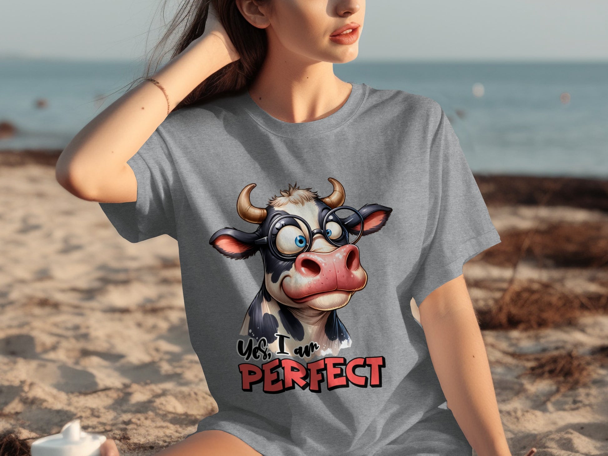 Yes I Am Perfect Cartoon Cow Graphic T-Shirt